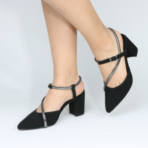 Zapatos via marte 028-032-01 taco 7 en Gamuza Negra con Tiras de Strass Cruzadas
