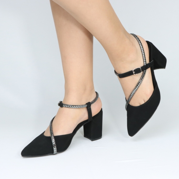 Zapatos via marte 028-032-01 taco 7 en Gamuza Negra con Tiras de Strass Cruzadas